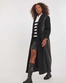 Black Longline PU Mix Maxi Coat