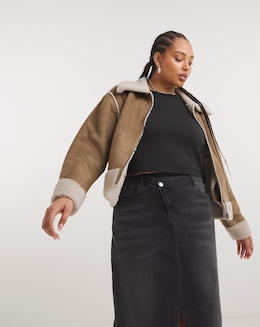 Tan Zip Through Suedette Aviator