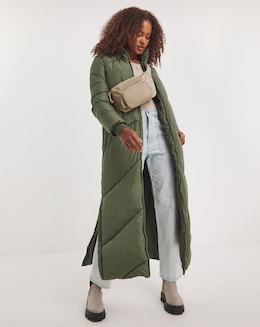 Khaki Maxi Padded Chevron Coat