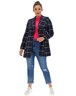 Navy Check Print Large Collar Coat
