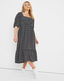 Black Heart Print Square Neck Shirred Waffle Tiered Midi Dress