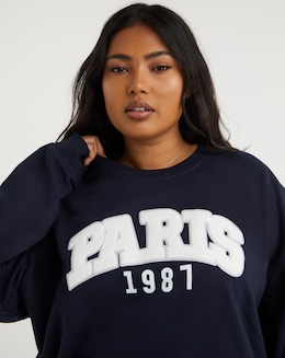 Navy Paris Boucle Slogan City Sweatshirt