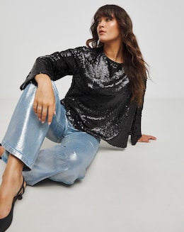 Black Flared Sleeve Matte Sequin Top