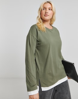 Khaki &amp; Cream Long Sleeve Side Split T-Shirt