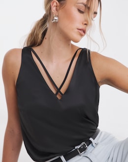 Black Sleeveless Criss Cross Satin Vest