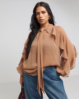 Tie Neck Sheer Frill Cuff Blouse