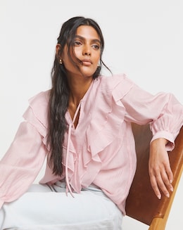 Blush Ruffle Sheer V Neck Blouse - Image