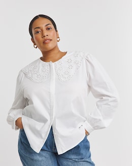 White Cotton Broderie Collared Blouse