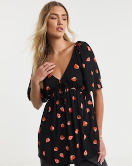 Crinkle Short Sleeve Fruit Print Blouse