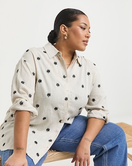 Natural Linen Blend Embroidered Shirt