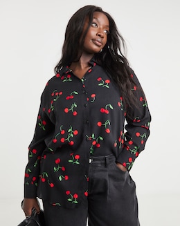Cherry Print Long Sleeve Viscose Relaxed Shirt