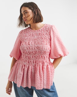 Pink Gingham Seersucker Shirred Blouse