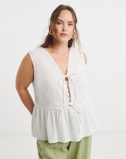 White Tie Front Cami With Scallop Edge