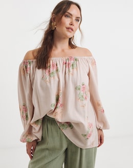 Floral Bardot Linen Blend Top