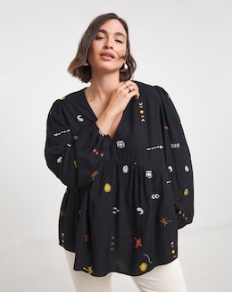 Black Embroidered V Neck Long Sleeve Blouse