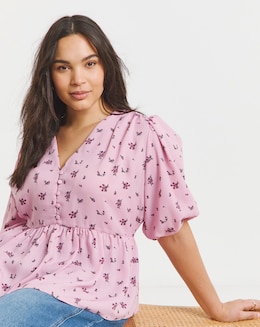 Pink Printed Button Through Peplum Blouse