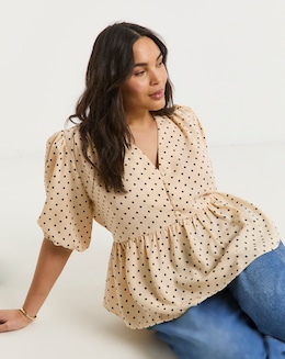 Spot Print Button Through Peplum Blouse