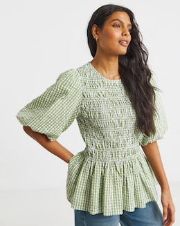 Gingham Shirred Seersucker Blouse