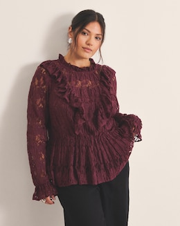 Burgundy Lace Peplum Blouse - Image