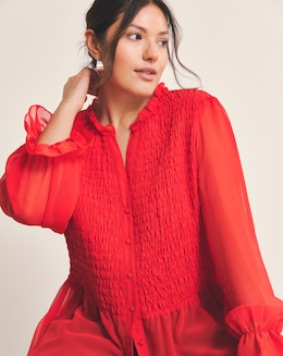 Red Shirred Georgette V-Neck Blouse - Image