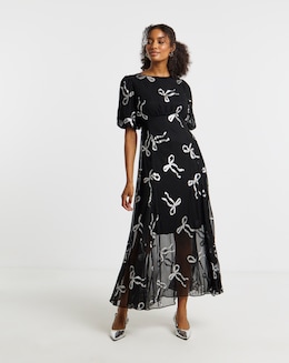 Joanna Hope Lurex Bow Dress With Sheer Skirt