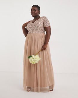 Maya Curve V-Neck Sequin Embellished Tulle Maxi Dress