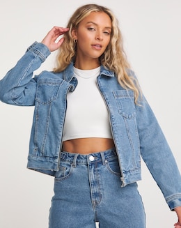 Zip Front Bright Blue Denim Jacket