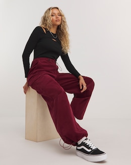 Burgundy Cord Wide Leg Cargo Jean Coord