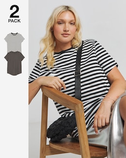 Stripe &amp; Charcoal Marl 2 Pack Curved Hem Longline T-Shirt