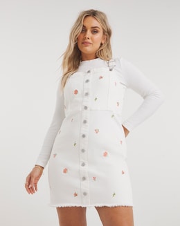 Ecru Floral Embroidered Dungaree Dress