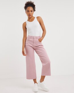 Light Pink Cropped Raw Hem Wide Leg Jean