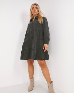 Washed Black Tiered Swing Dress
