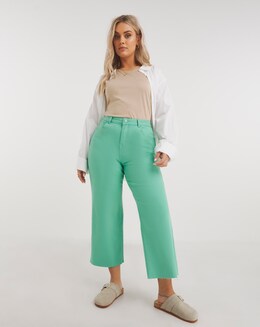 Bright Green Cropped Raw Hem Wide Leg Jean