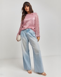 Pink Flared Sleeve Sequin Top