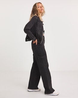 Black High Rise Straight Leg Denim Cargo