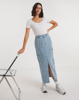 Light Blue Denim Cargo Maxi Skirt