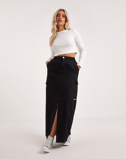 Black Denim Cargo Maxi Skirt