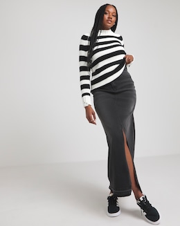 Black Let Down Hem Maxi Denim Skirt
