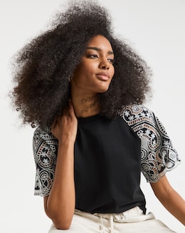 Black Contrast Broderie Raglan Sleeve T-Shirt