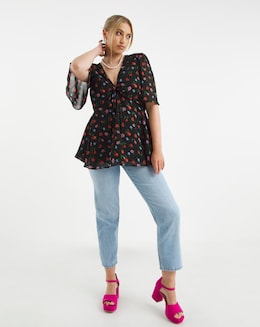 Black Floral Ruched V Neck Adjustable Blouse with Angel Sleeve