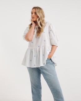 White Embroidered Puff Sleeve Top