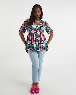 Floral Print Illusion Corset Peplum Blouse with Elasticated Waist