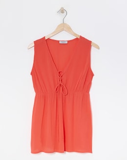 Coral Crinkle Tie Front Sleeveless Blouse