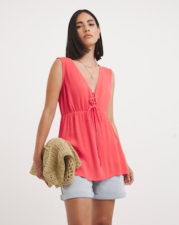 Coral Crinkle Tie Front Sleeveless Blouse