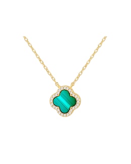 Sterling Silver Yellow Gold Plated Clover Malachite and CZ Necklace