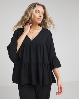Black Tiered Viscose Smock Top