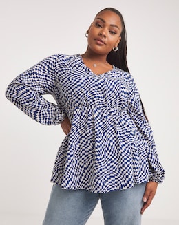 Checkerboard Long Sleeve V Neck Smock Top