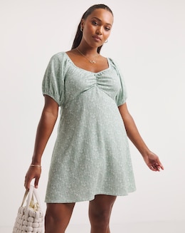 Ditsy Print Waffle Ruched Front Tea Dress
