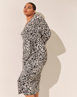 Mono Print Plisse Wrap Front Midi Dress