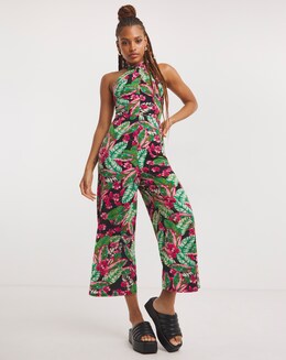 Tropical Floral Print Halter Neck Jumpsuit